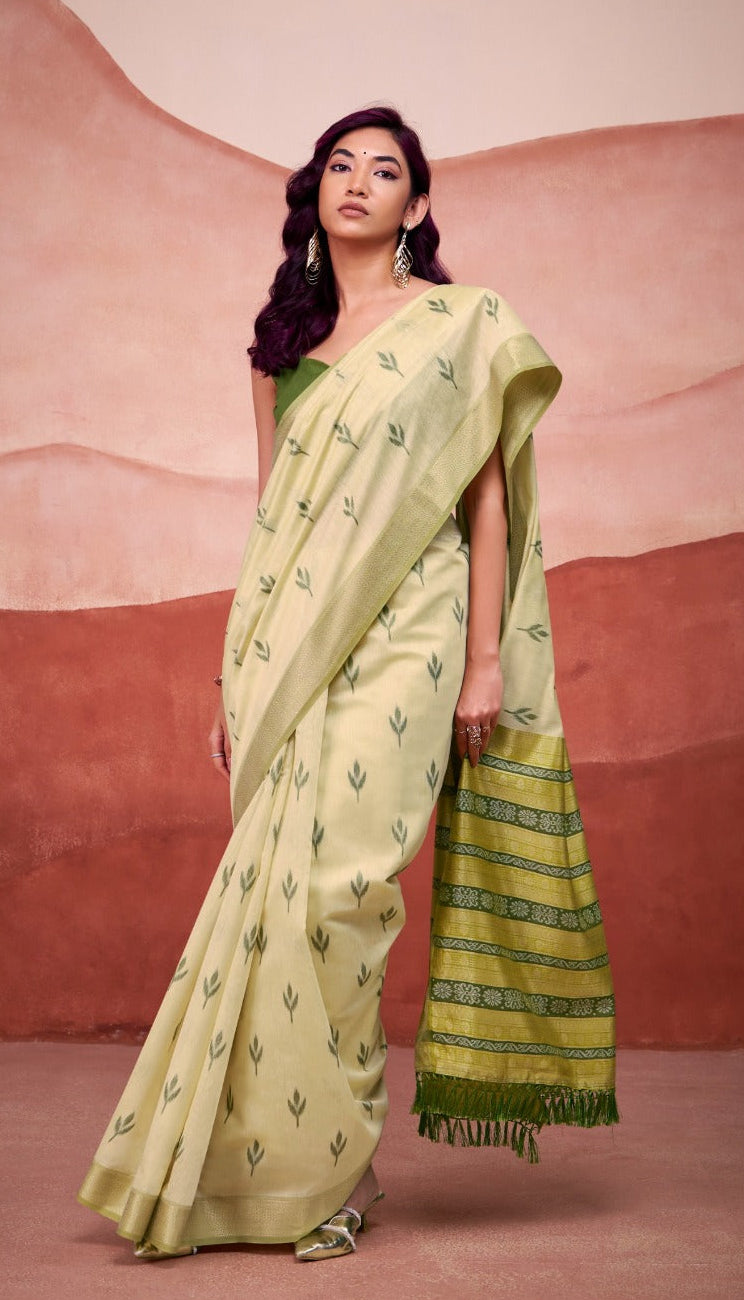Pastel Green Soft Handloom-Style Printed Saree with Elegant Border