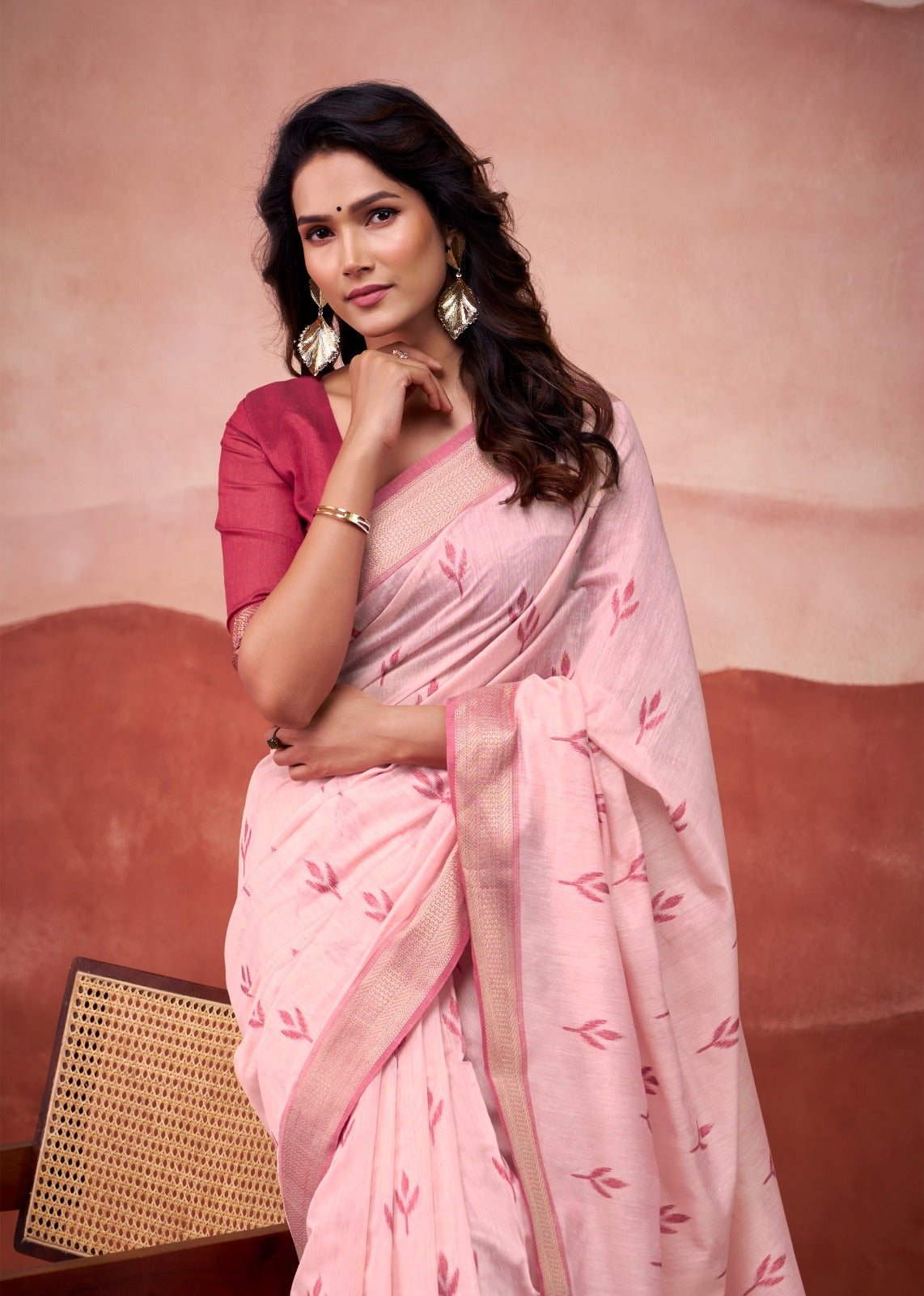 Blush Pink Soft Handloom-Style Printed Saree with Elegant Border