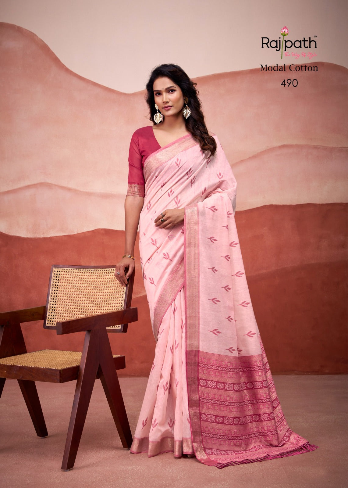 Blush Pink Soft Handloom-Style Printed Saree with Elegant Border