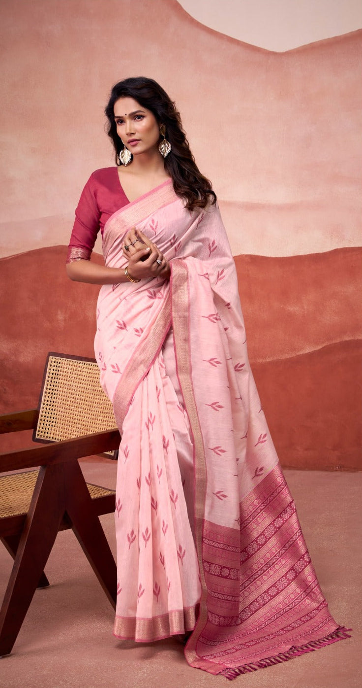 Blush Pink Soft Handloom-Style Printed Saree with Elegant Border