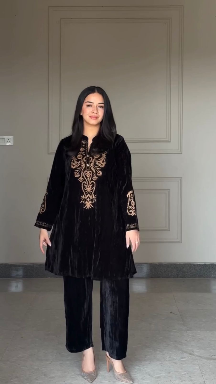 Black Velvet Kurta Pant Set with Elegant Gold Embroidery