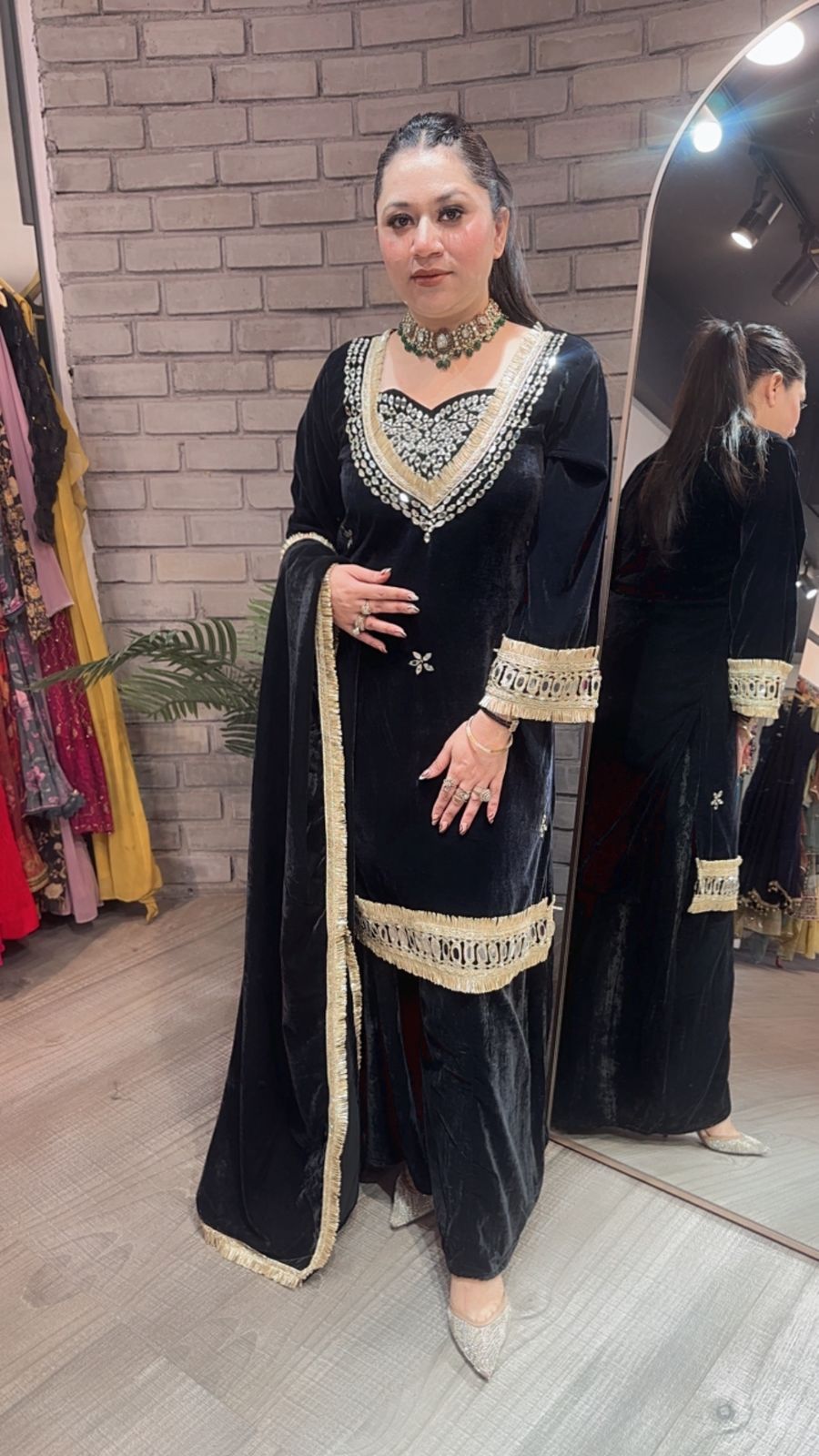 Classic Black Velvet Kurta Pant Set with Mirror & Gold Embroidery Dupatta