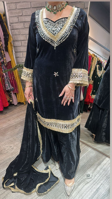 Classic Black Velvet Kurta Pant Set with Mirror & Gold Embroidery Dupatta