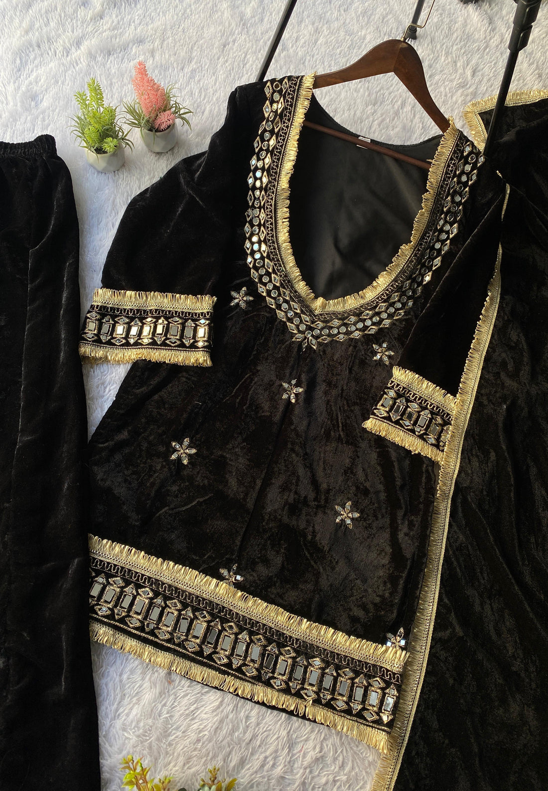 Classic Black Velvet Kurta Pant Set with Mirror & Gold Embroidery Dupatta