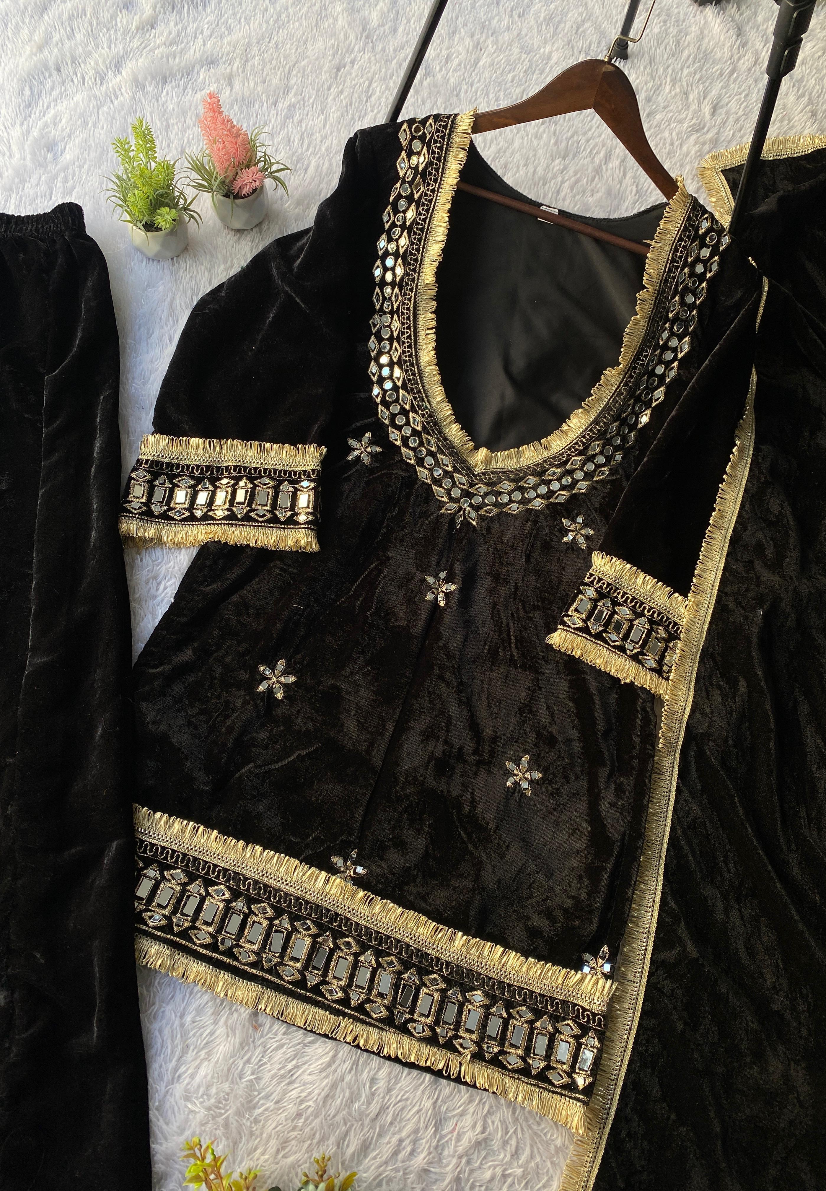 Classic Black Velvet Kurta Pant Set with Mirror & Gold Embroidery Dupatta