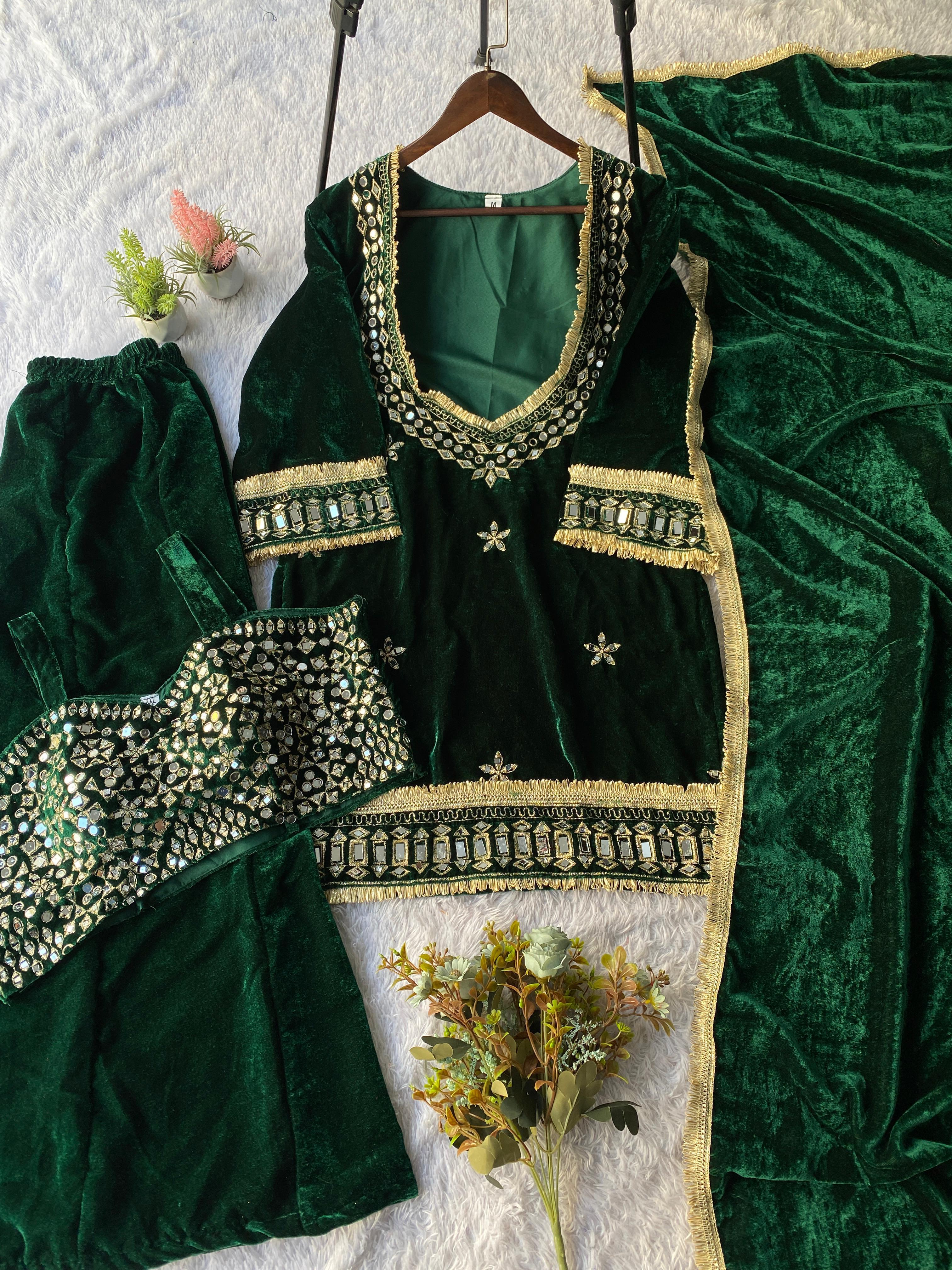 Bottle Green Velvet Kurta Pant Set with Mirror & Gold Embroidery Dupatta