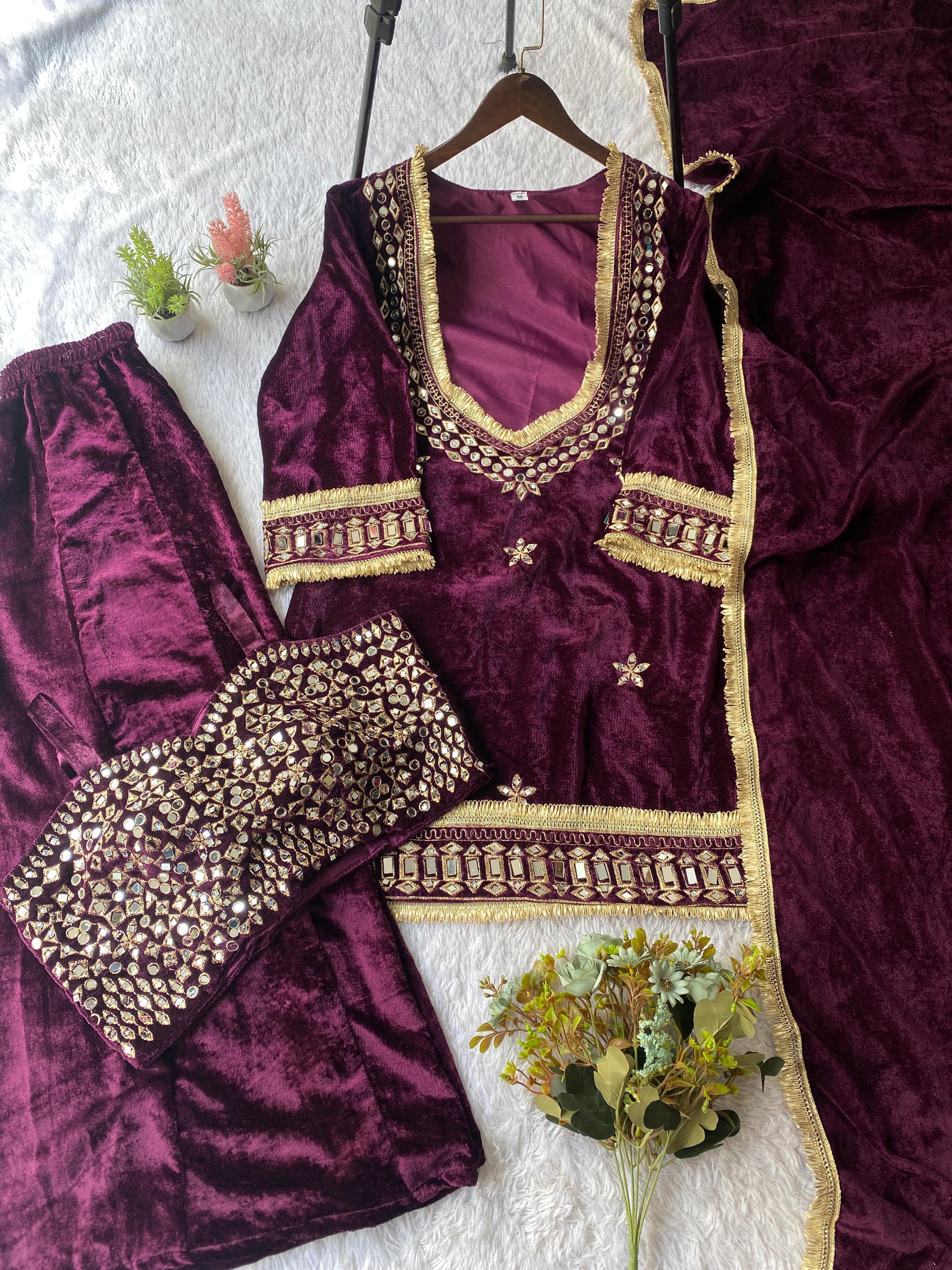 Wine Velvet Kurta Pant Set with Mirror & Gold Embroidery Dupatta