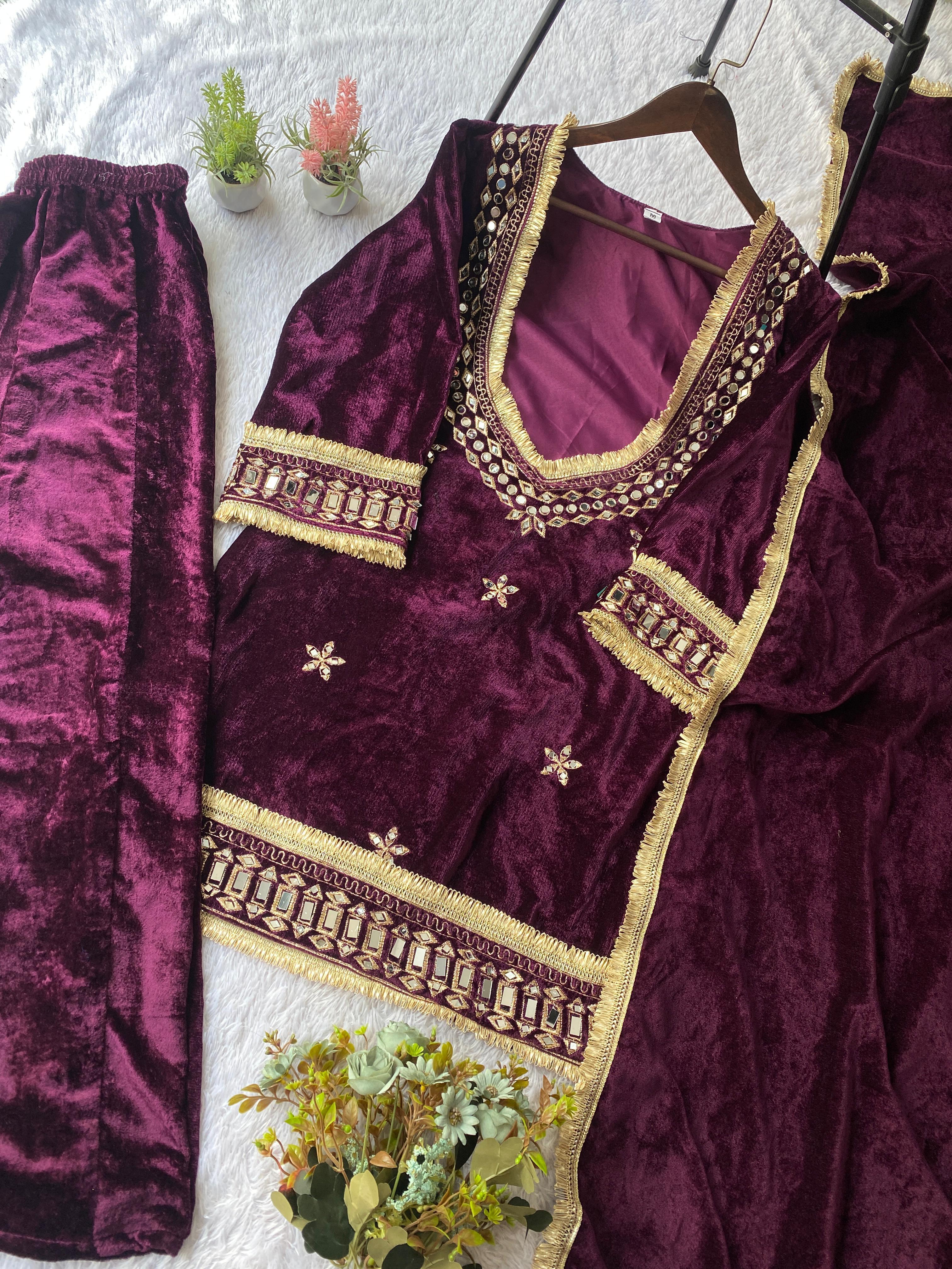 Wine Velvet Kurta Pant Set with Mirror & Gold Embroidery Dupatta