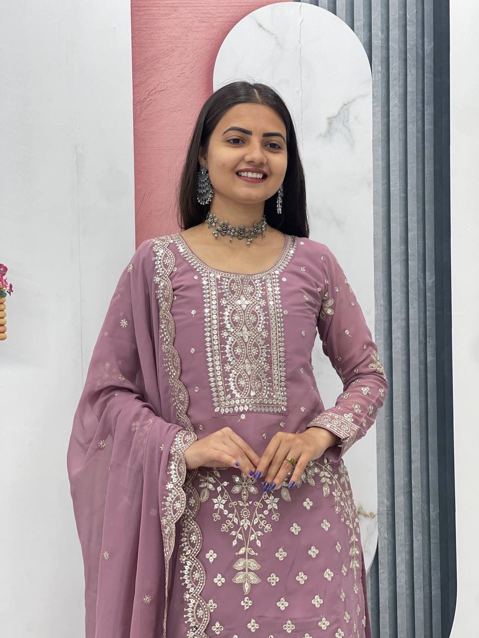 Dusty Rose Designer Party Wear Top Plazzo & Dupatta Set