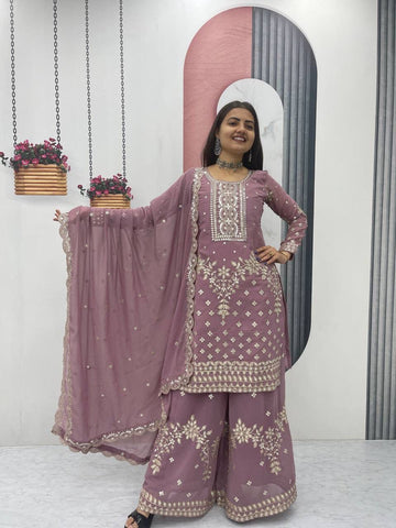 Dusty Rose Designer Party Wear Top Plazzo & Dupatta Set