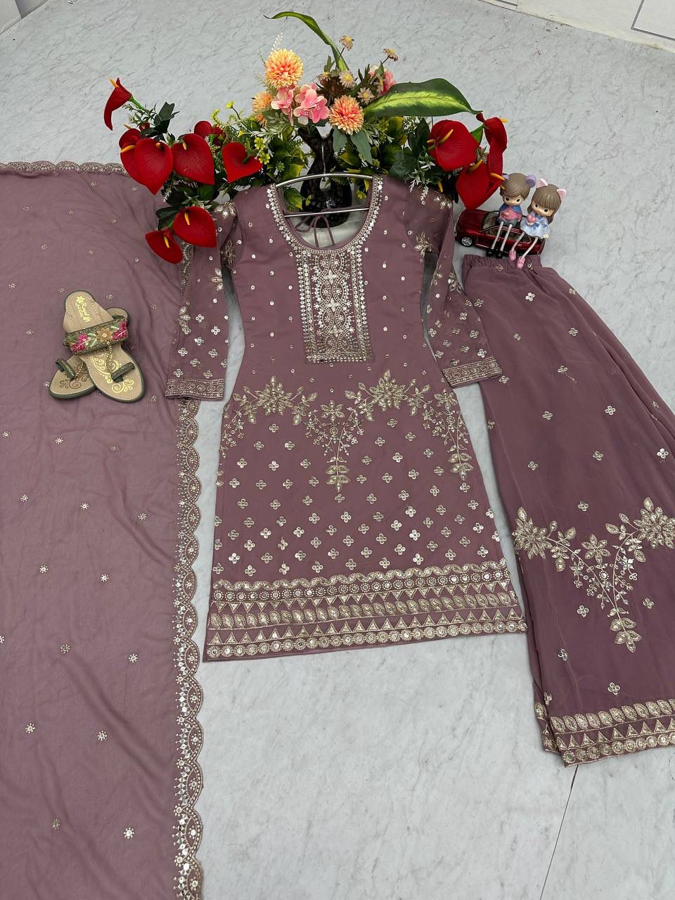 Dusty Rose Designer Party Wear Top Plazzo & Dupatta Set