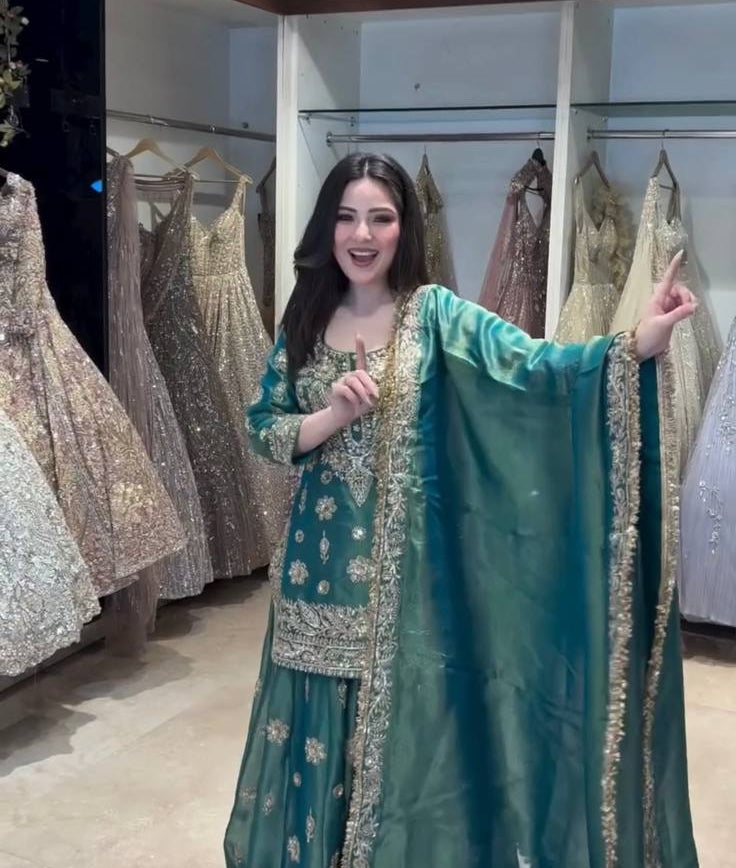 Rama Blue Designer Embroidered Top Palazzo Dupatta Set