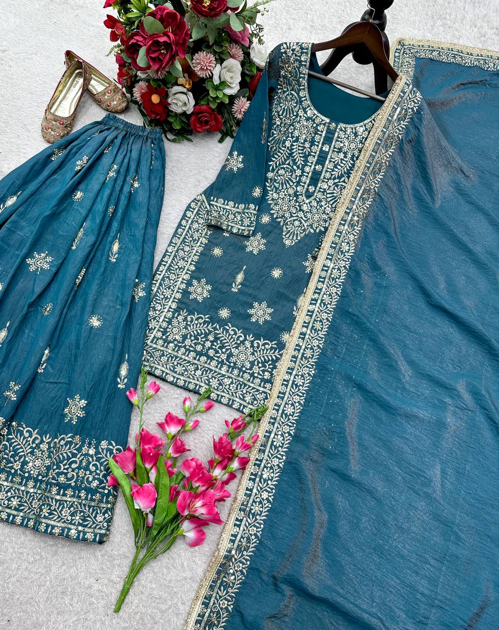 Rama Blue Designer Embroidered Top Palazzo Dupatta Set
