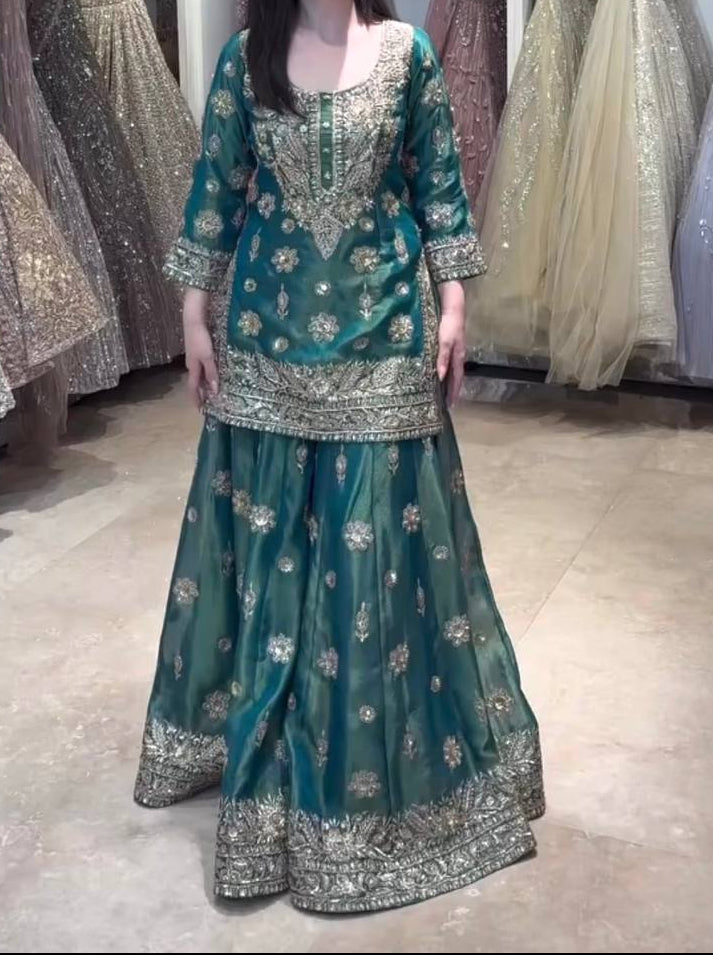 Rama Blue Designer Embroidered Top Palazzo Dupatta Set