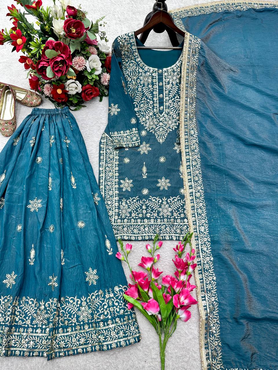 Rama Blue Designer Embroidered Top Palazzo Dupatta Set