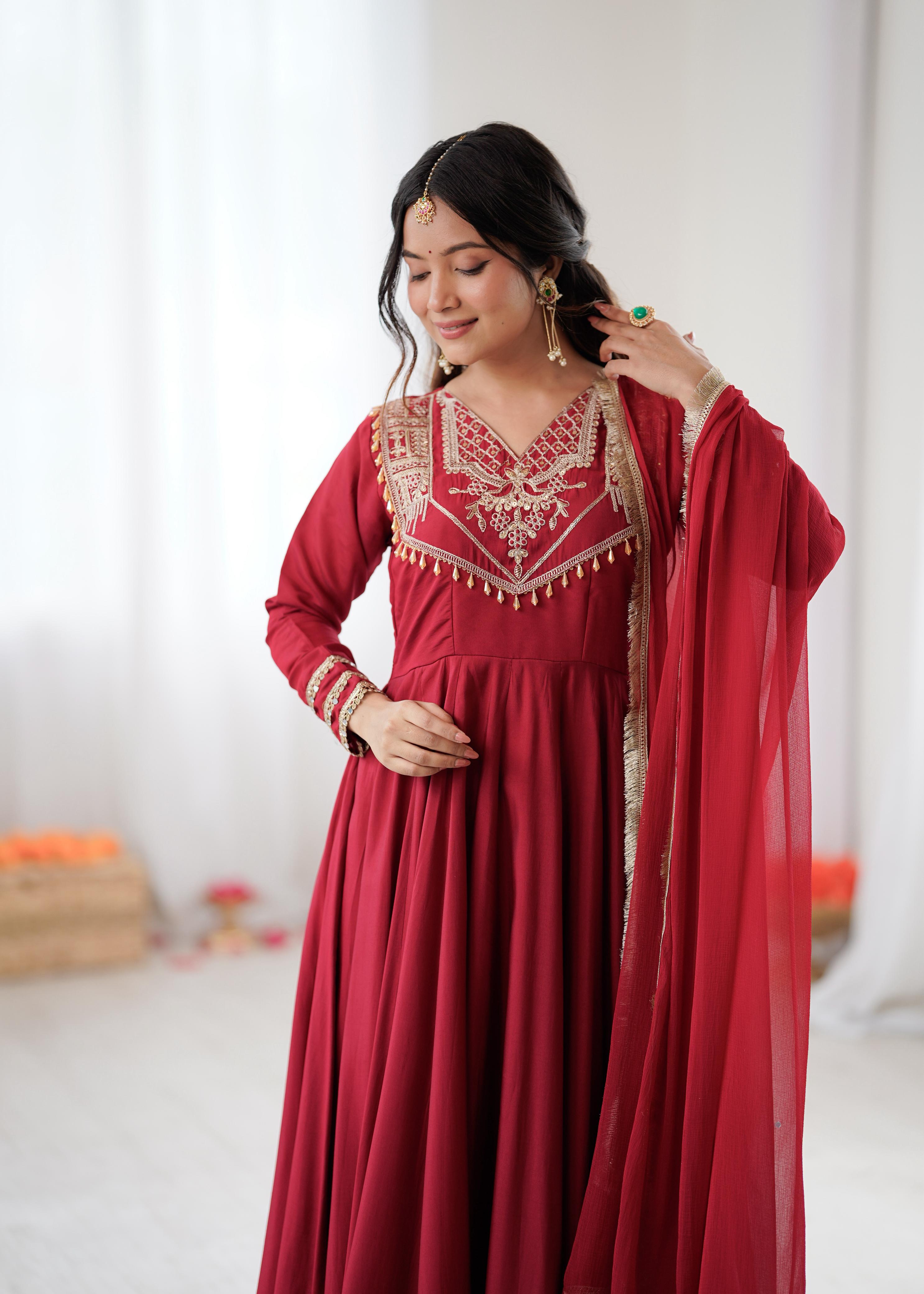Maroon Designer Embroidered Anarkali Kurta Set with Dupatta
