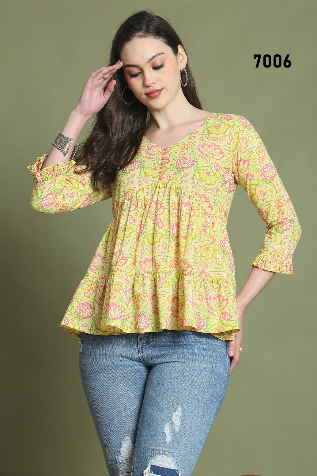 Short Yellow Printed Cotton Tunic Top for Women