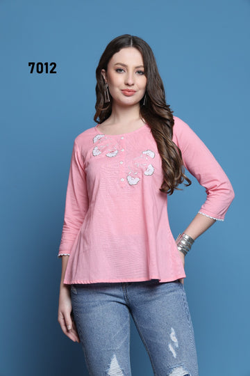 Pink Embroidered Cotton Short Tunic Top for Women XS–XXL