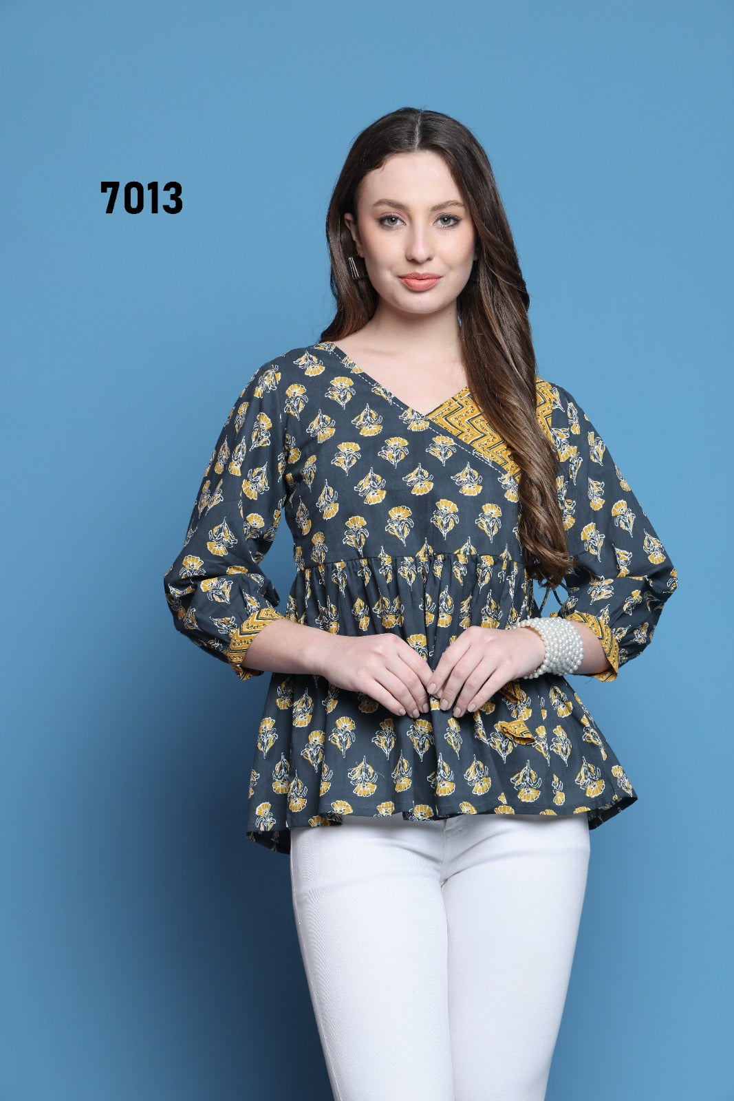 Grey Yellow Printed Cotton Short Tunic Top for Women XS–XXL