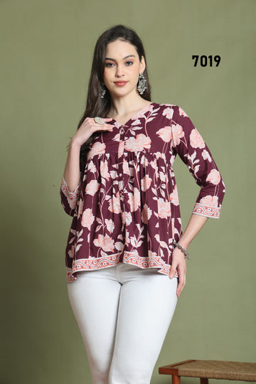 Maroon Floral Printed Cotton Short Tunic Top for Women XS–XXL