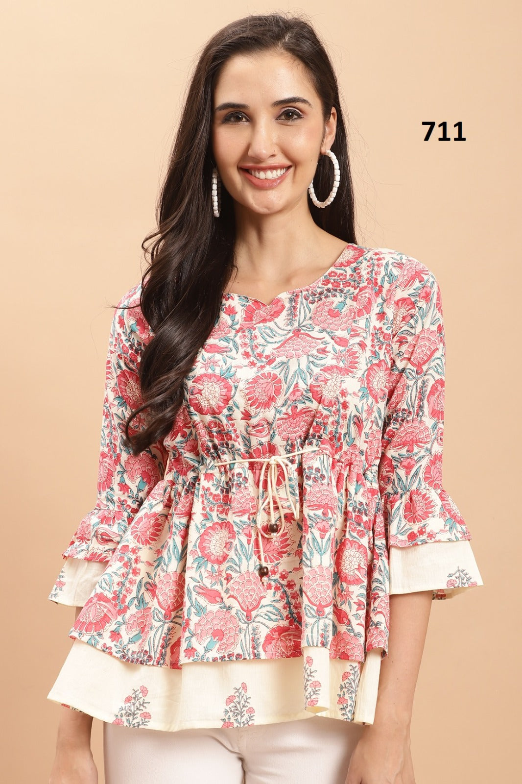 Meta title: Cream Pink Floral Printed Cotton Short Tunic Top for Women XS–XXL