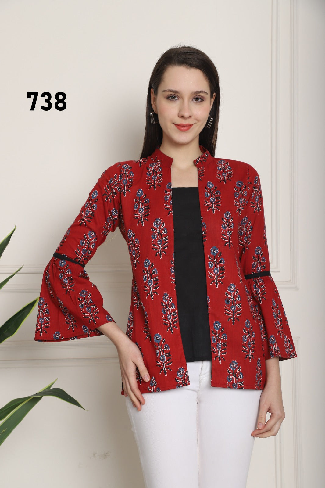 Red Printed Cotton Shrug Style Short Tunic Top for Women XS–XXL