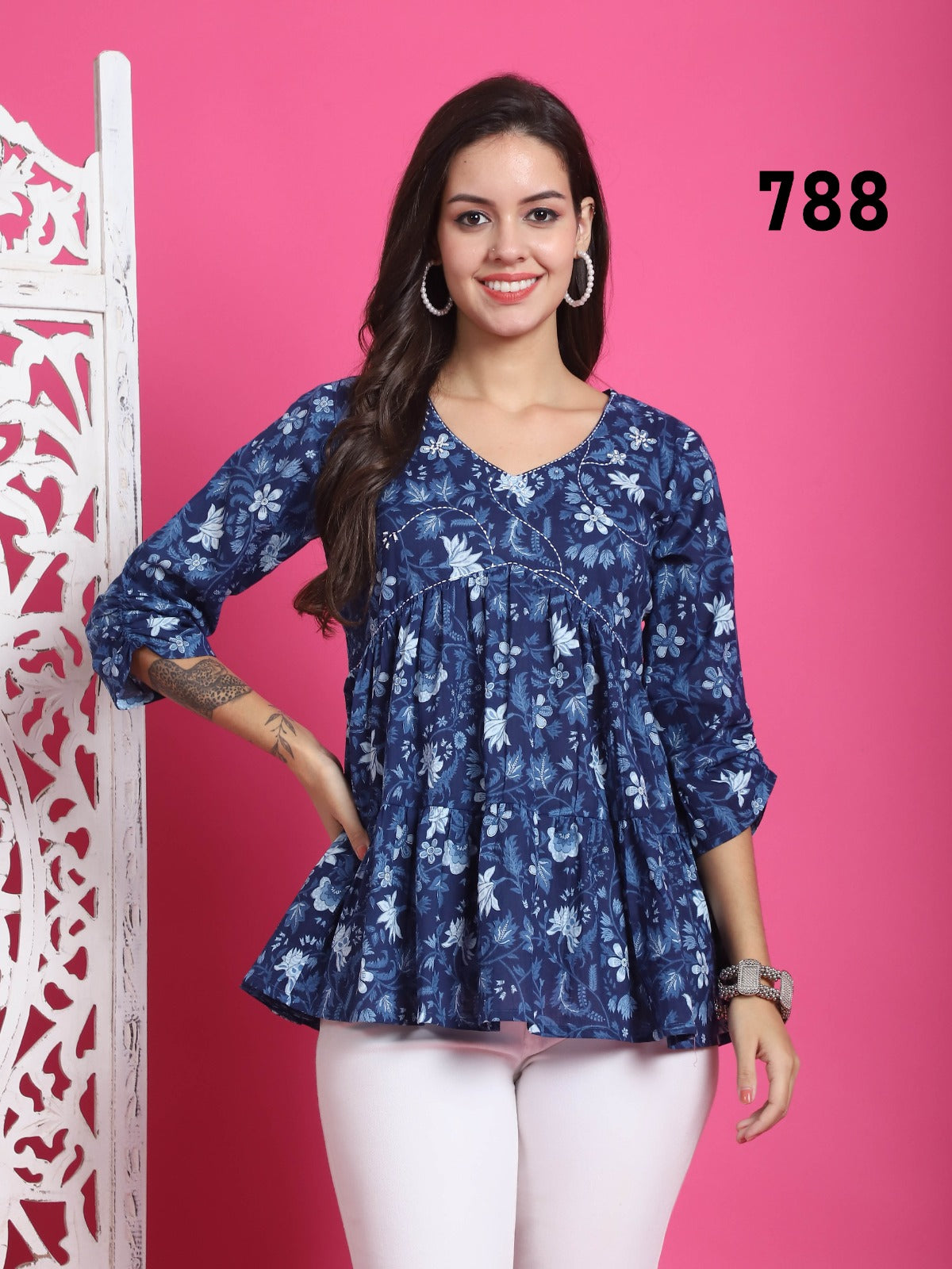 Navy Blue Floral Printed Cotton Short Tunic Top for Women XS–XXL