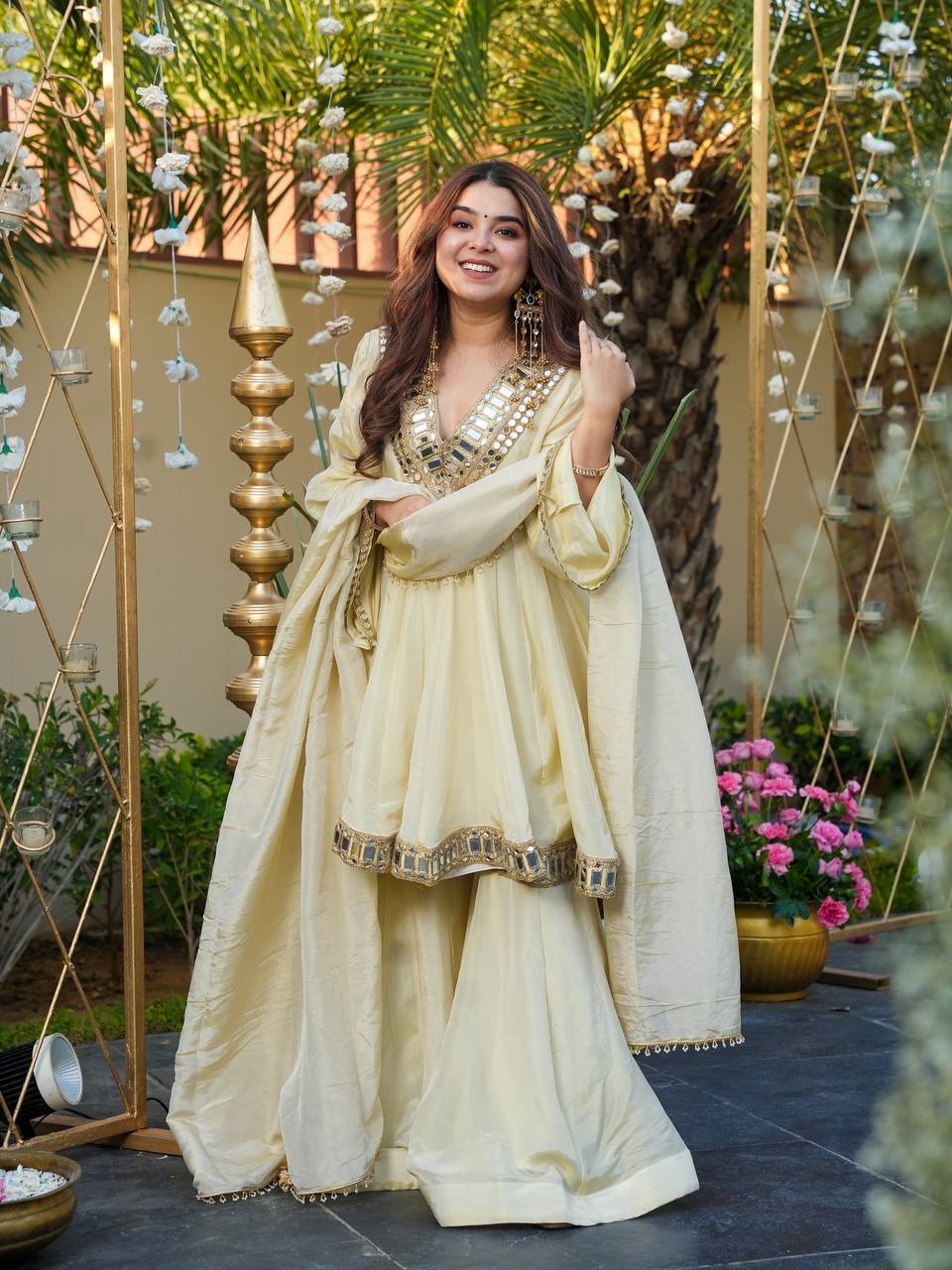Pastel Lemon Yellow Chinon Silk Sharara Set with Heavy Mirror Work
