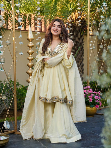 Pastel Lemon Yellow Chinon Silk Sharara Set with Heavy Mirror Work