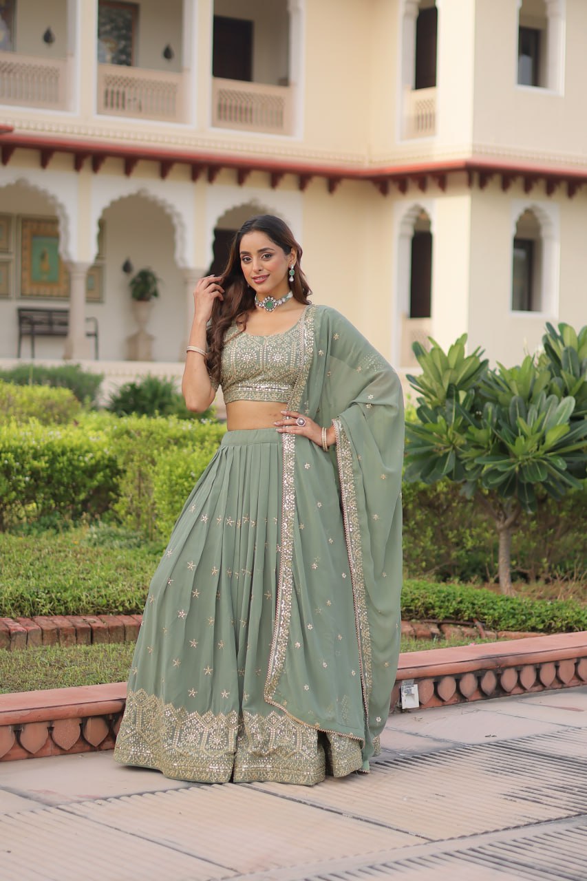Sage Green Faux Georgette Lehenga Choli Set