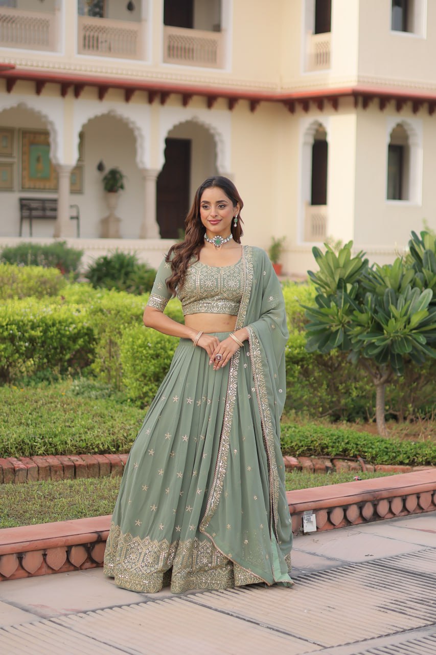 Sage Green Faux Georgette Lehenga Choli Set