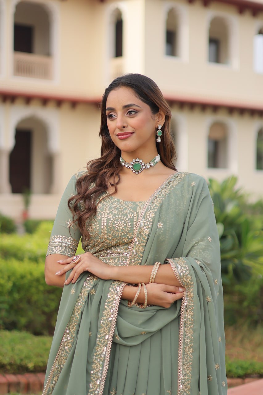 Sage Green Faux Georgette Lehenga Choli Set