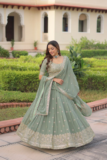 Sage Green Faux Georgette Lehenga Choli Set