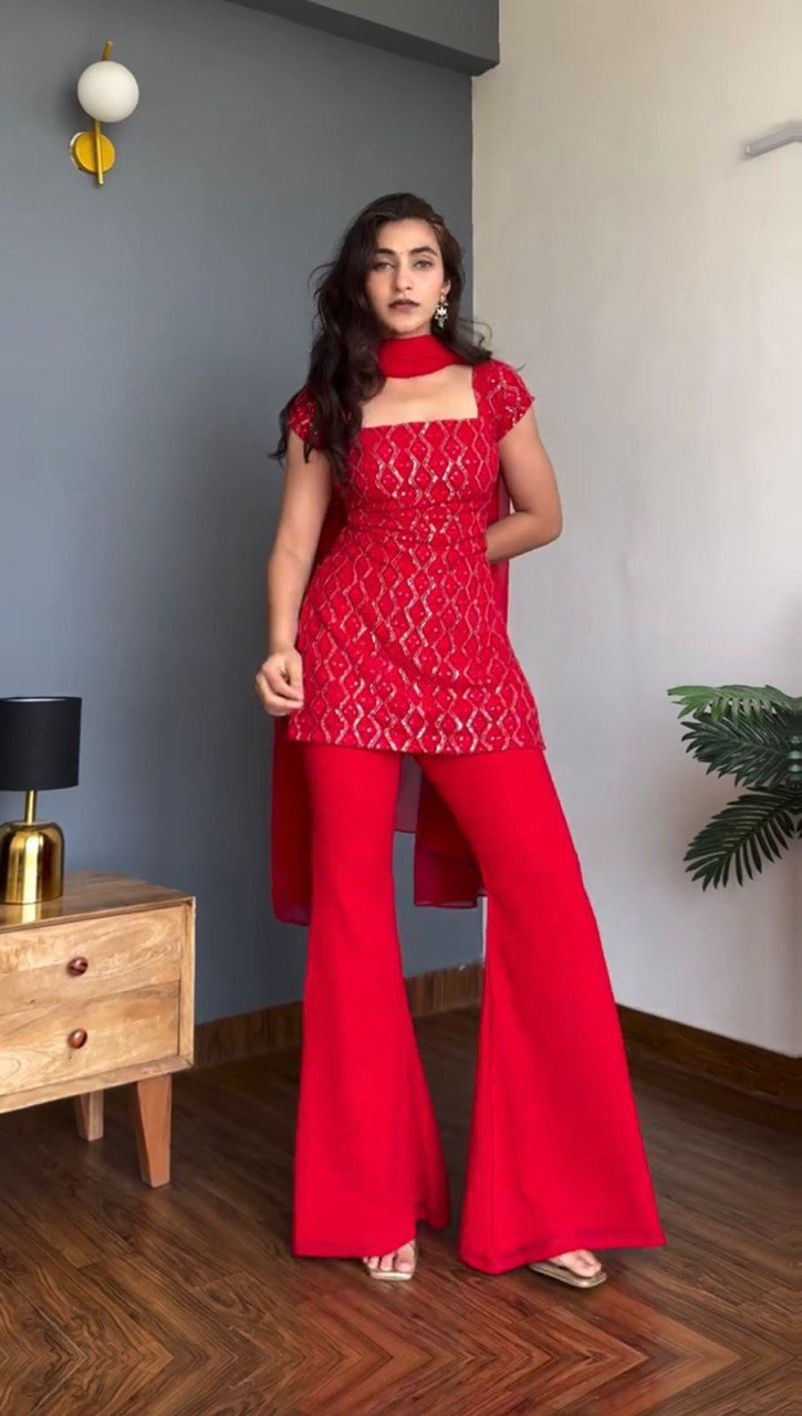 A Bright Red Sequin Sharara Set