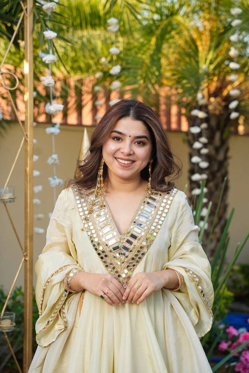 Pastel Lemon Yellow Chinon Silk Sharara Set with Heavy Mirror Work