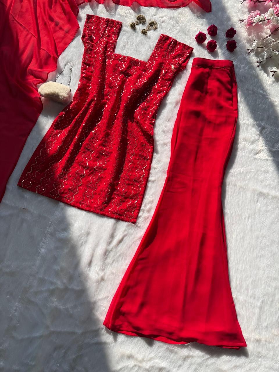 A Bright Red Sequin Sharara Set