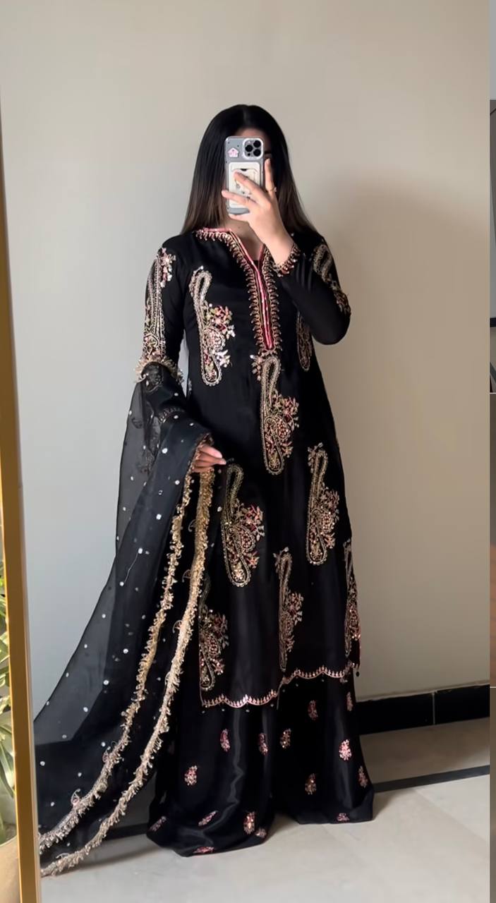 Black Gold Heavily Embroidered Designer Palazzo Set