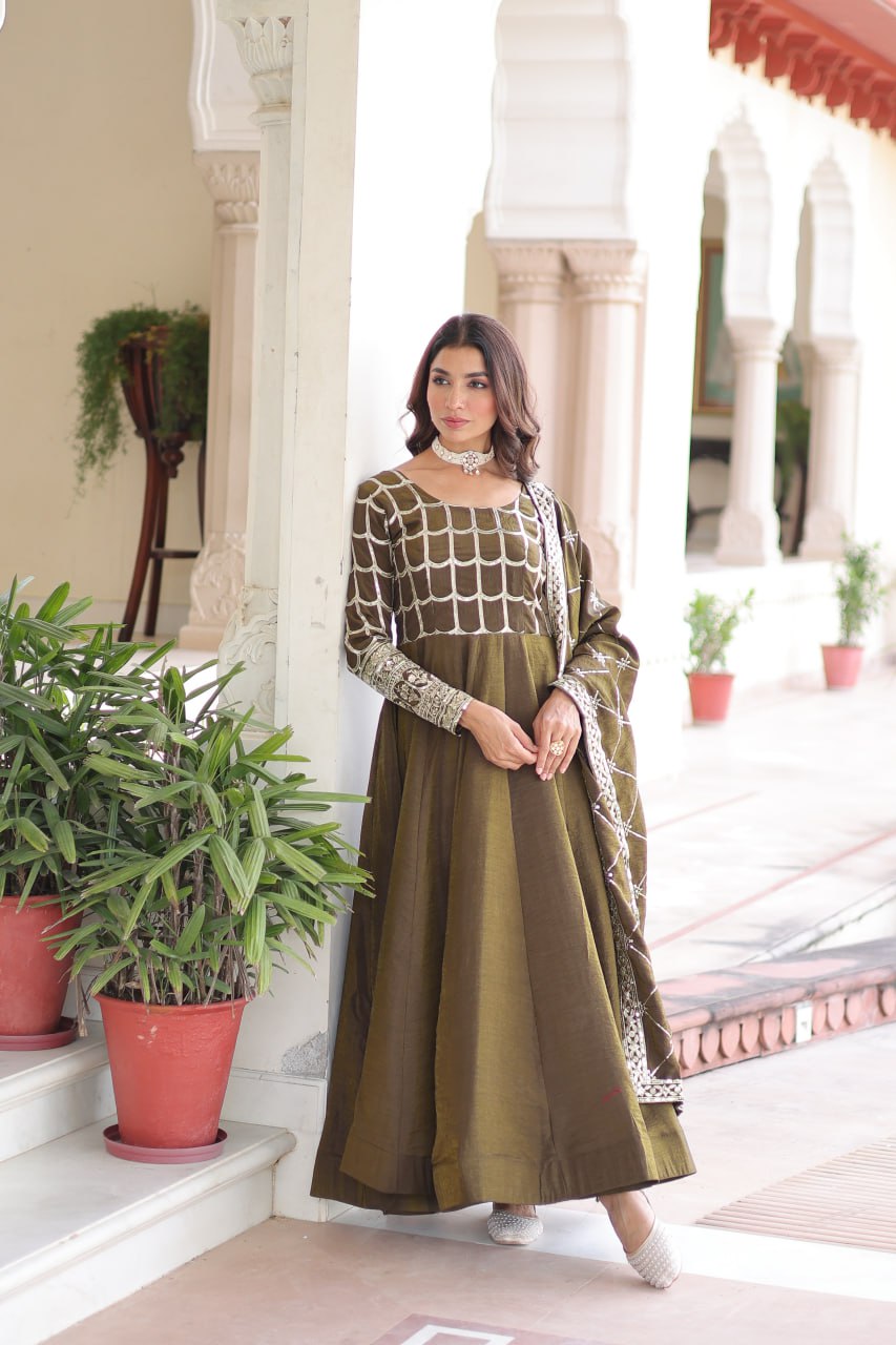 Olive Grace Embroidered Anarkali Set with Dupatta