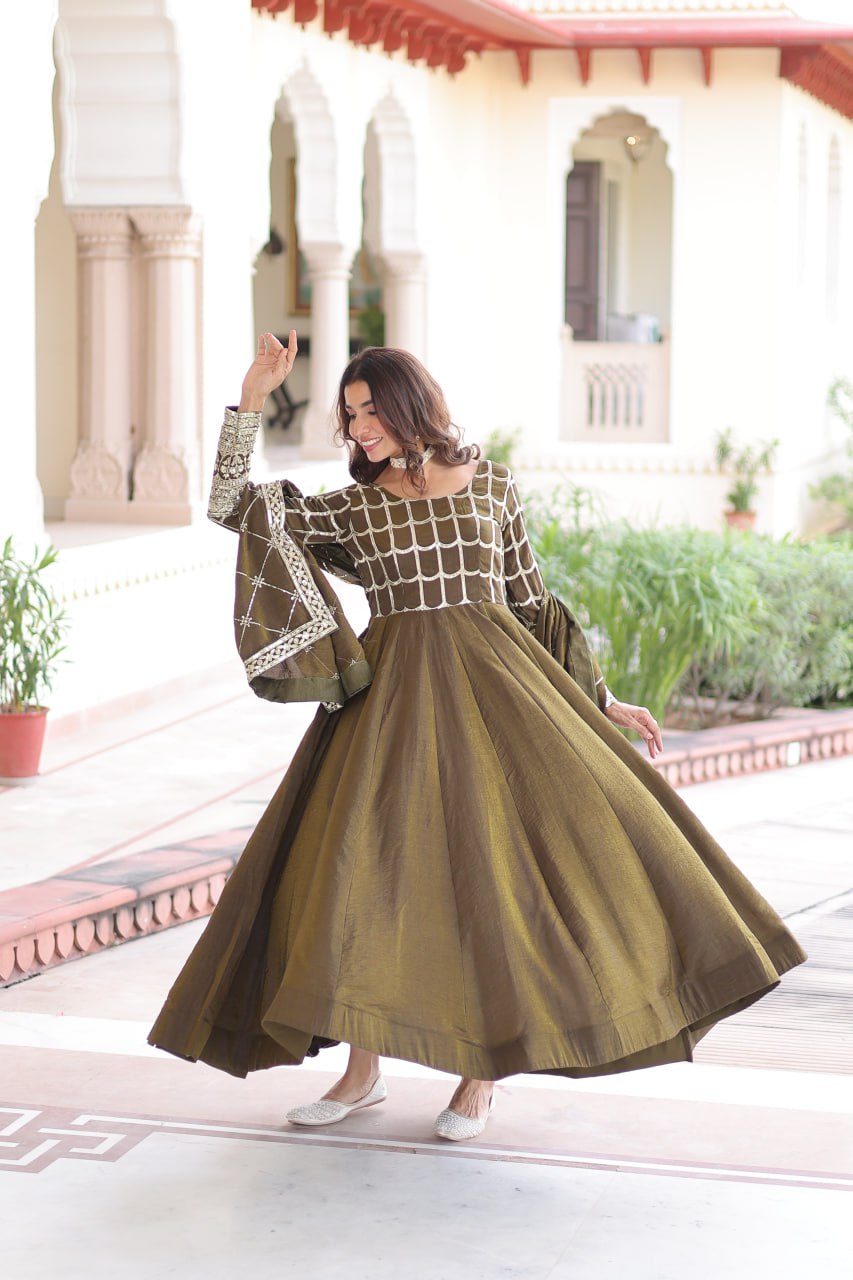 Olive Grace Embroidered Anarkali Set with Dupatta