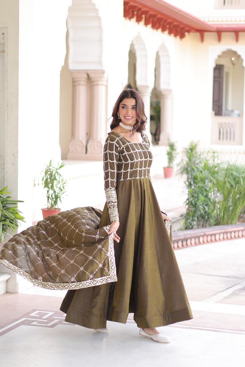 Olive Grace Embroidered Anarkali Set with Dupatta
