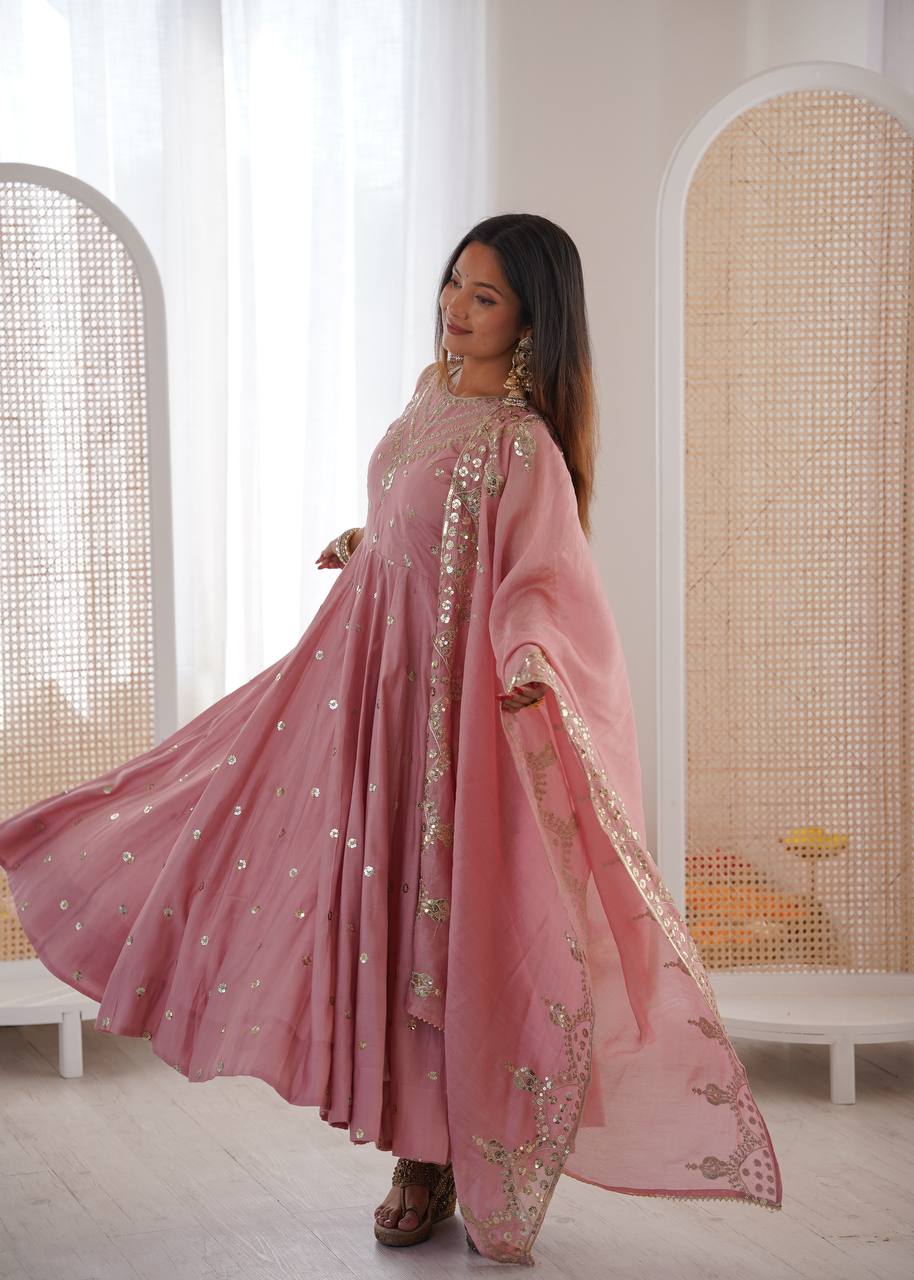 Ethereal Mauve Hand Embroidered Anarkali Set with Chanderi Dupatta