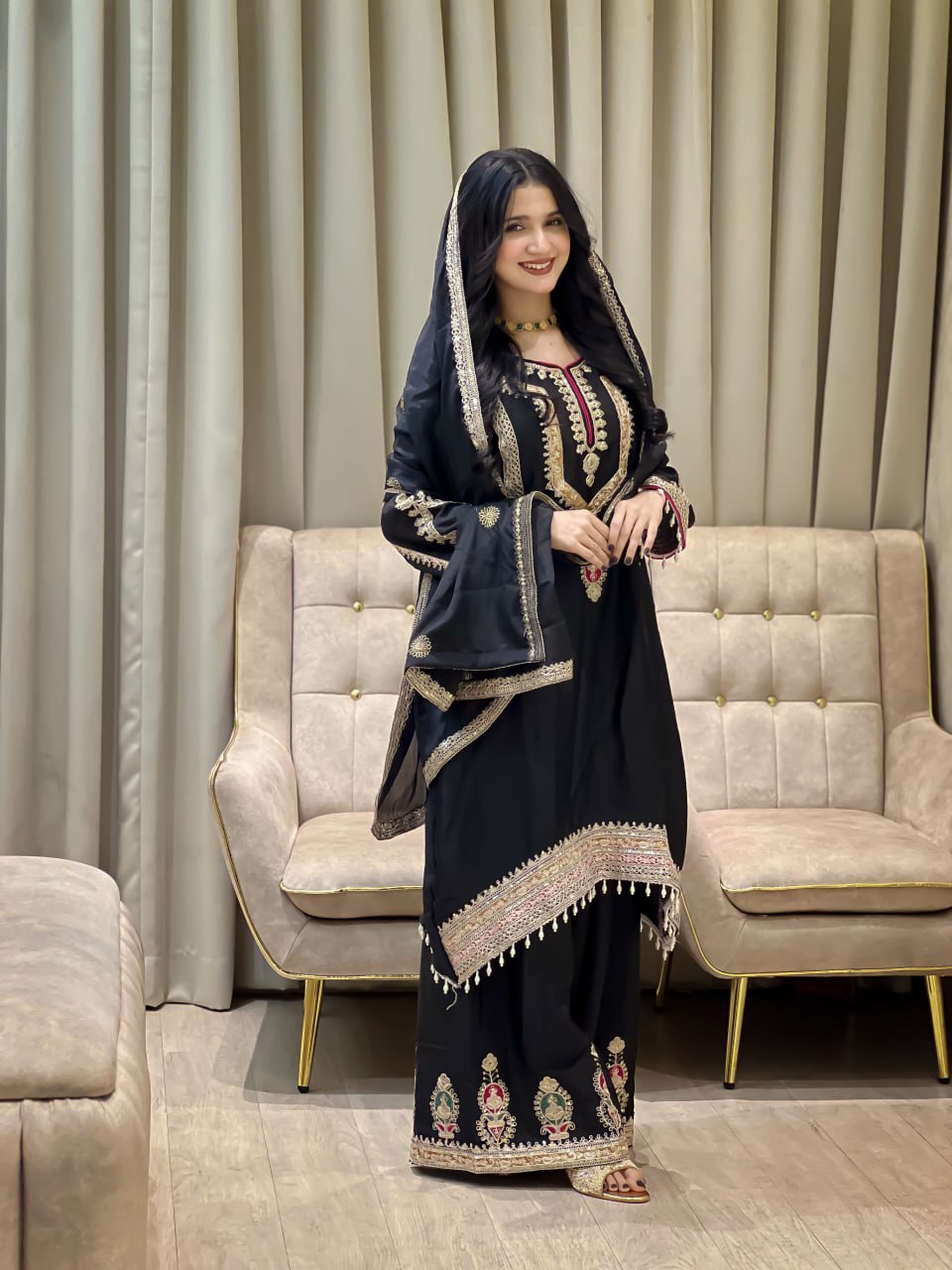 Midnight Noir Heavily Embroidered Kurta Set with Chinon Silk  Dupatta