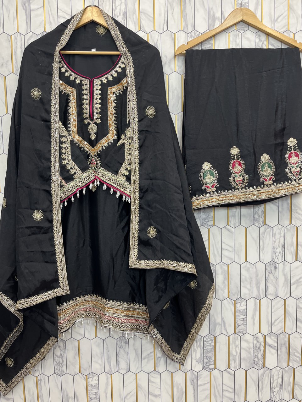 Midnight Noir Heavily Embroidered Kurta Set with Chinon Silk  Dupatta