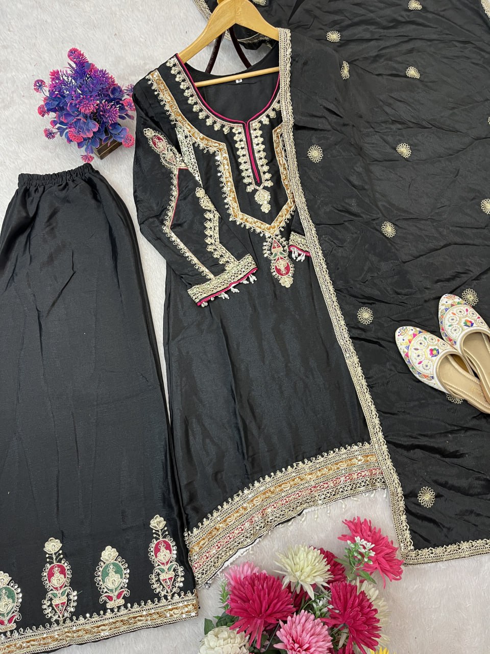 Midnight Noir Heavily Embroidered Kurta Set with Chinon Silk  Dupatta