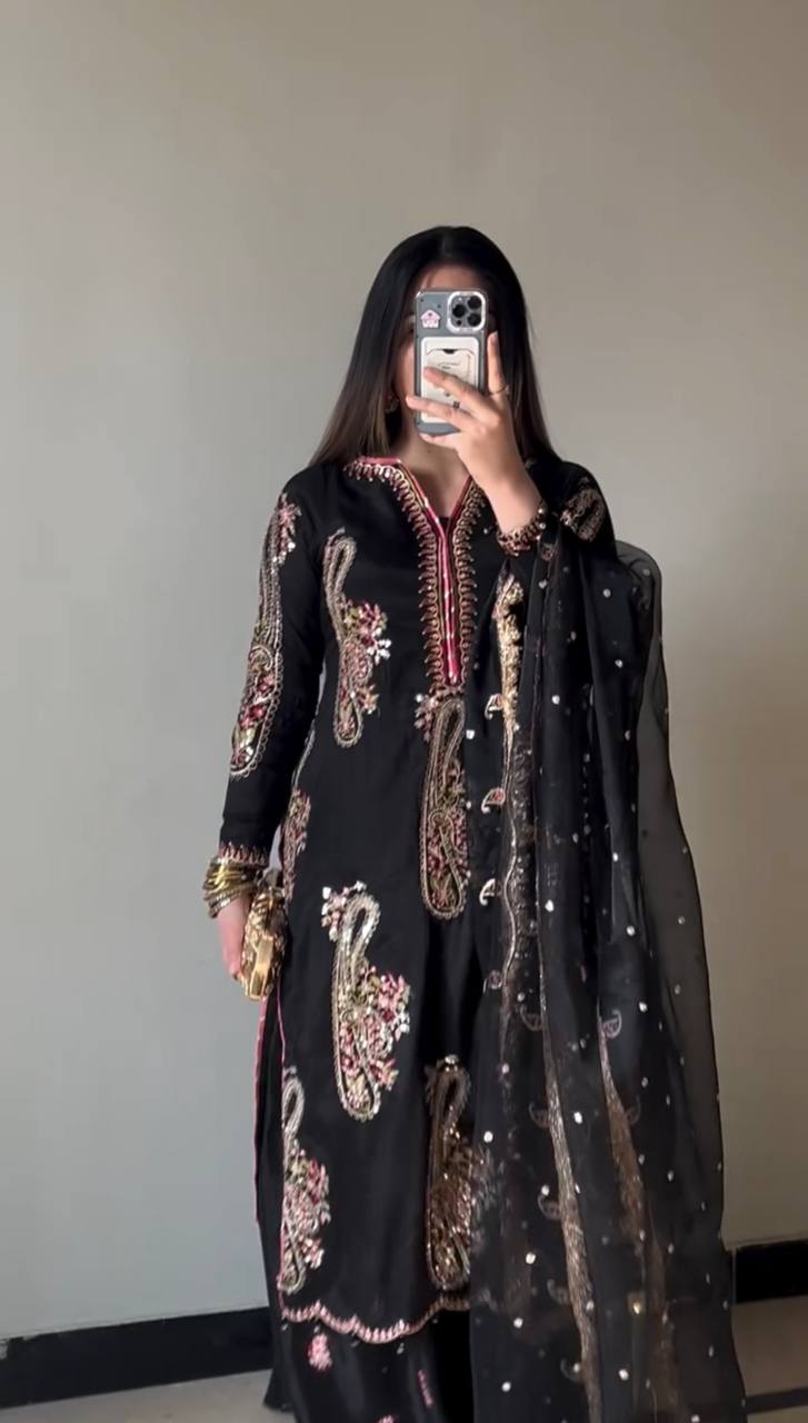 Black Gold Heavily Embroidered Designer Palazzo Set