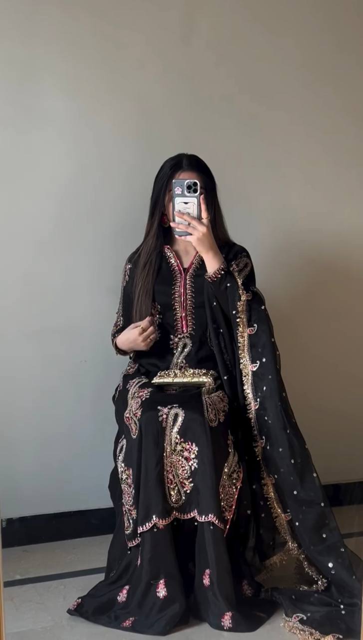 Black Gold Heavily Embroidered Designer Palazzo Set