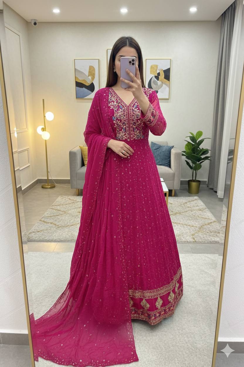 Royal Magenta Georgette Readymade Gown Heavily Embroidered Festive Anarkali Set