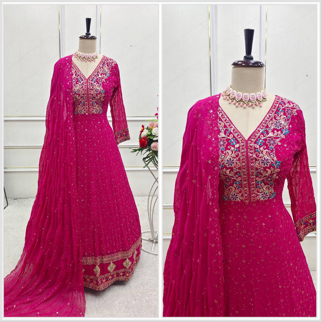 Royal Magenta Georgette Readymade Gown Heavily Embroidered Festive Anarkali Set