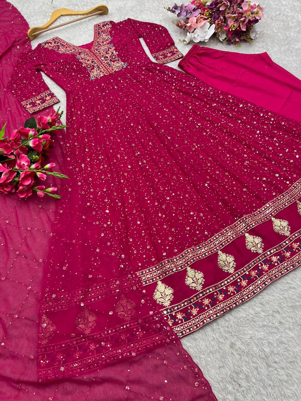 Royal Magenta Georgette Readymade Gown Heavily Embroidered Festive Anarkali Set
