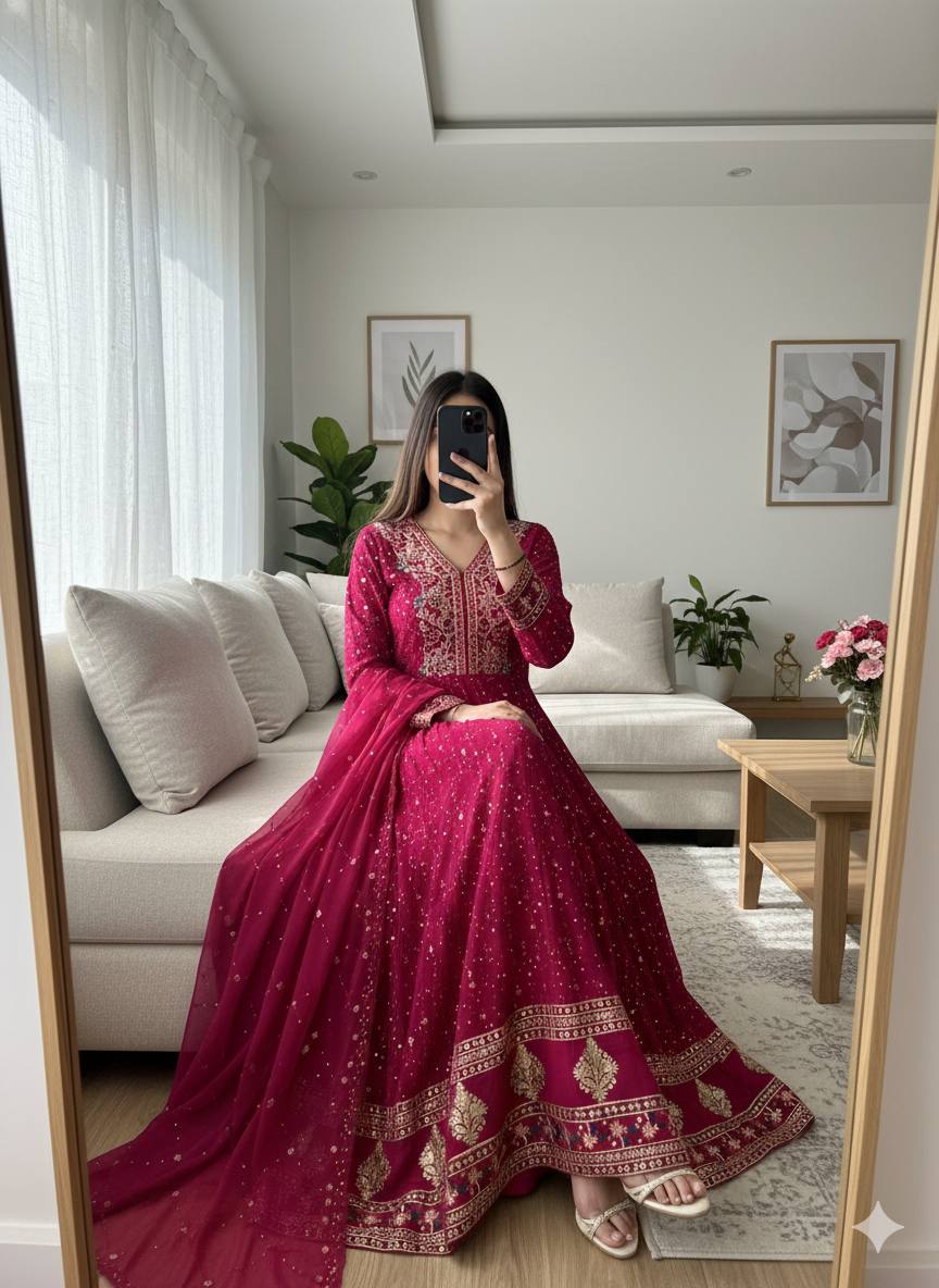 Royal Magenta Georgette Readymade Gown Heavily Embroidered Festive Anarkali Set
